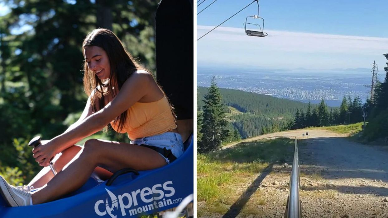 A girl on the Eagle Coaster. Right: The Eagle Coaster views.