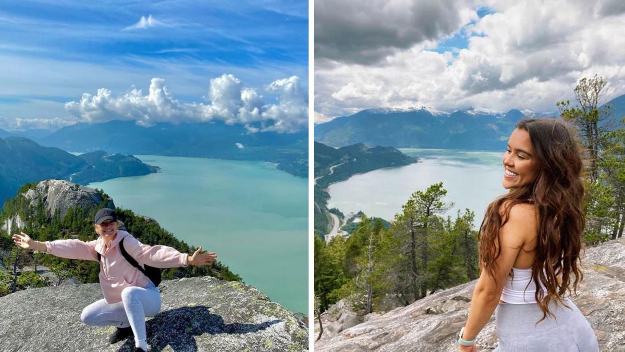 A girl on top of the mountain hike with water views. Right: A girl smile on top of the mountain with water views.