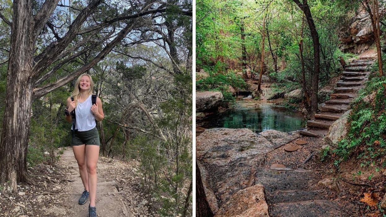 A girl poses beneath trees on the trail. Right: Beautiful stairs that lead to a pool.