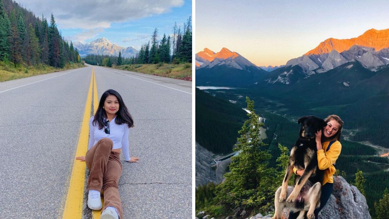 A girl poses beside a long road with a mountain range in the background. Right: A woman poses with a dog beside a mountain range.