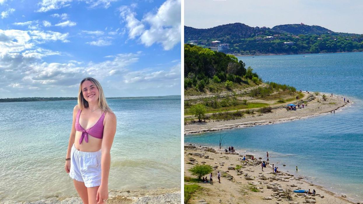 A girl poses in front of Canyon Lake. Right: An overview of Canyon Lake.