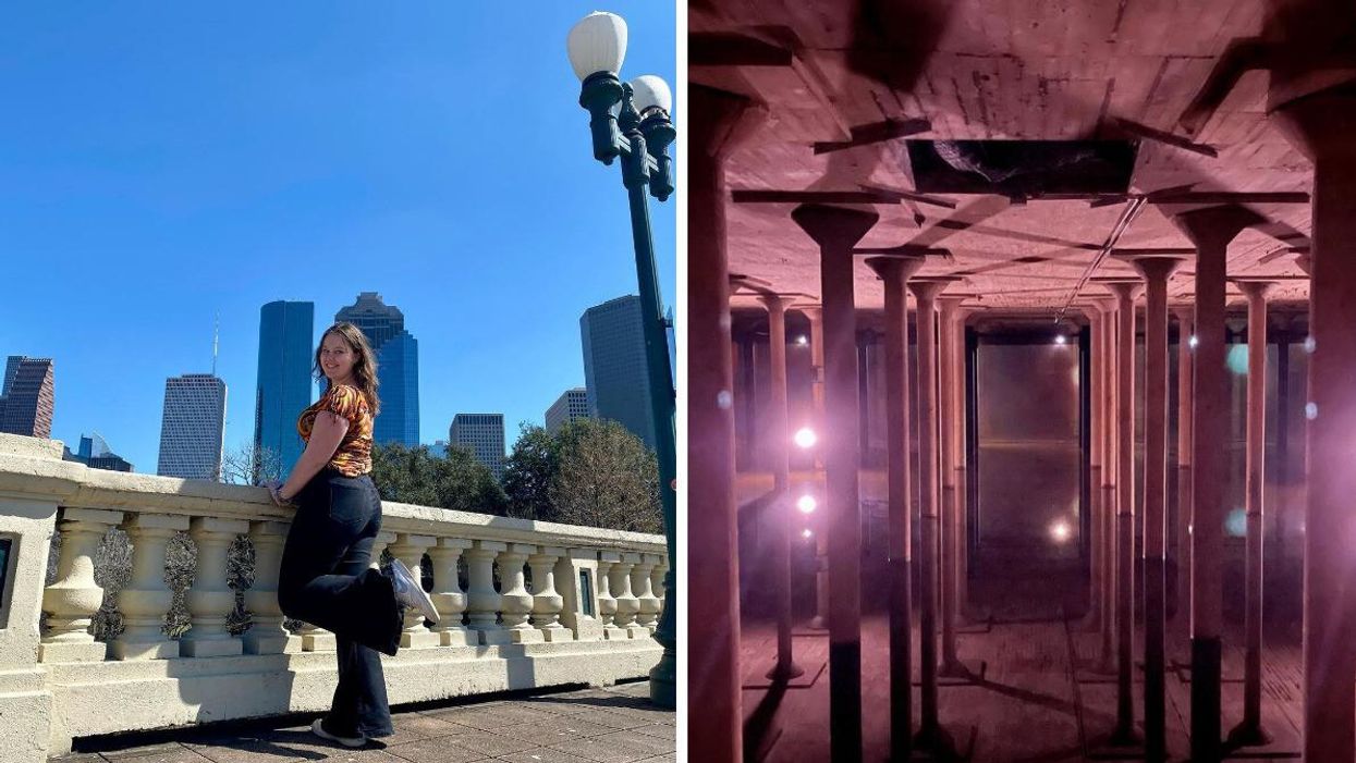 A girl poses in front of the Houston skyline. Right: A view of the Buffalo Bayou Park Cistern.