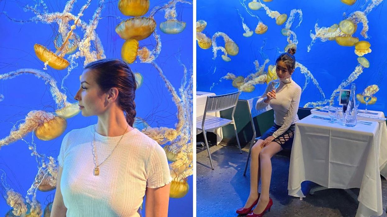 A girl posing in front of jellyfish. Right: A girl dining in front of jellyfish.