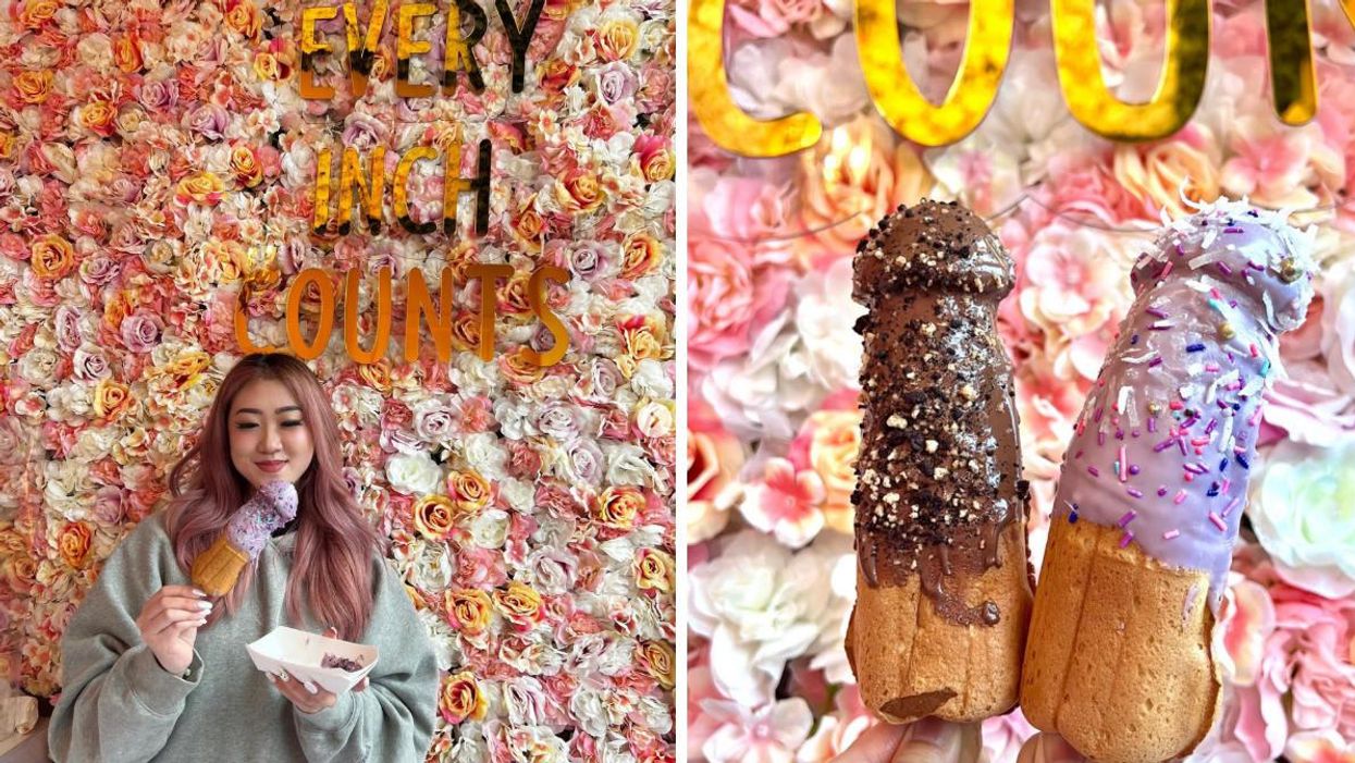 A girl posing with the waffle dessert. Right: 7-inch waffle dessert options.
