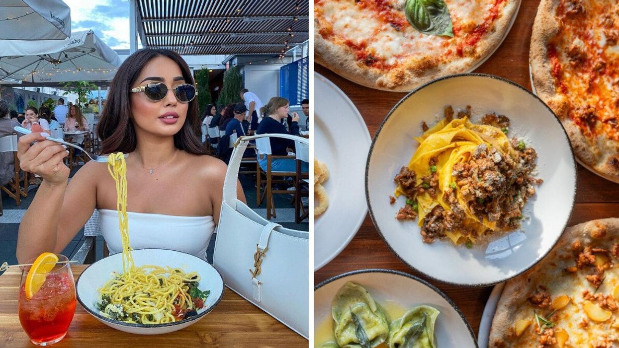 A girl sitting at a restaurant with pasta on her fork, a cocktail and a YSL handbag. Right: Plates of different kinds of pasta, and pizzas on a table.