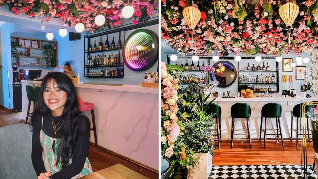 A girl sitting at the restaurant. Right: View of the restaurant, flowers and bar.