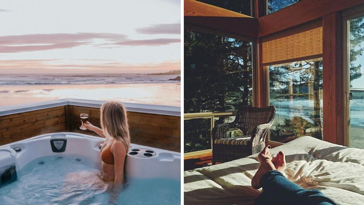 A girl sitting in a hot tub looking at the ocean. Right: The ocean views from a room.