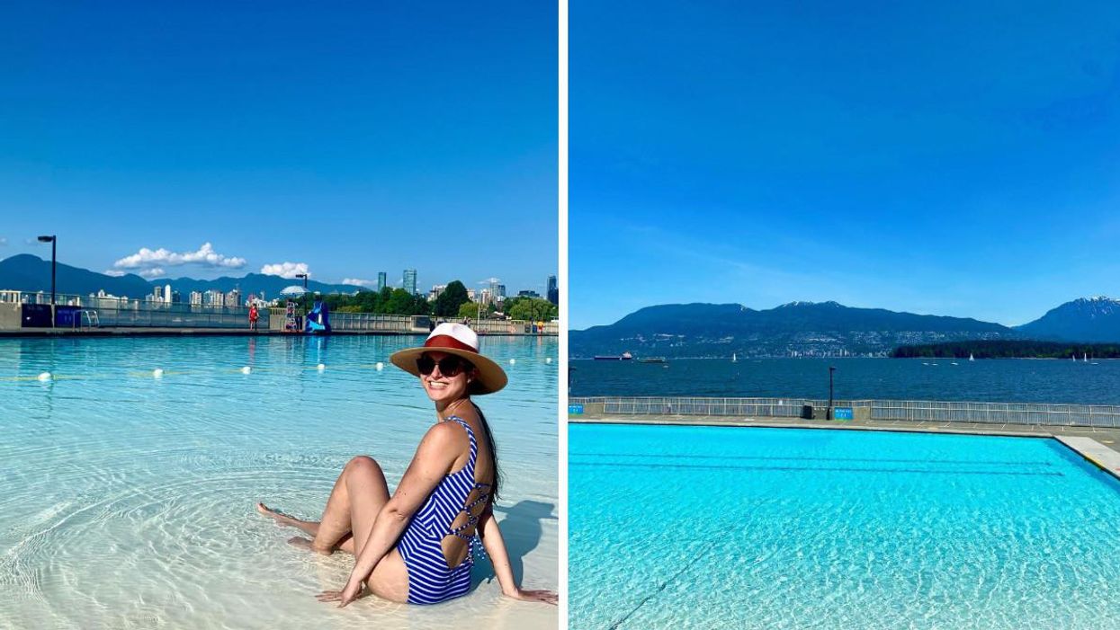 A girl sitting in the pool. Right: A pool with ocean views.