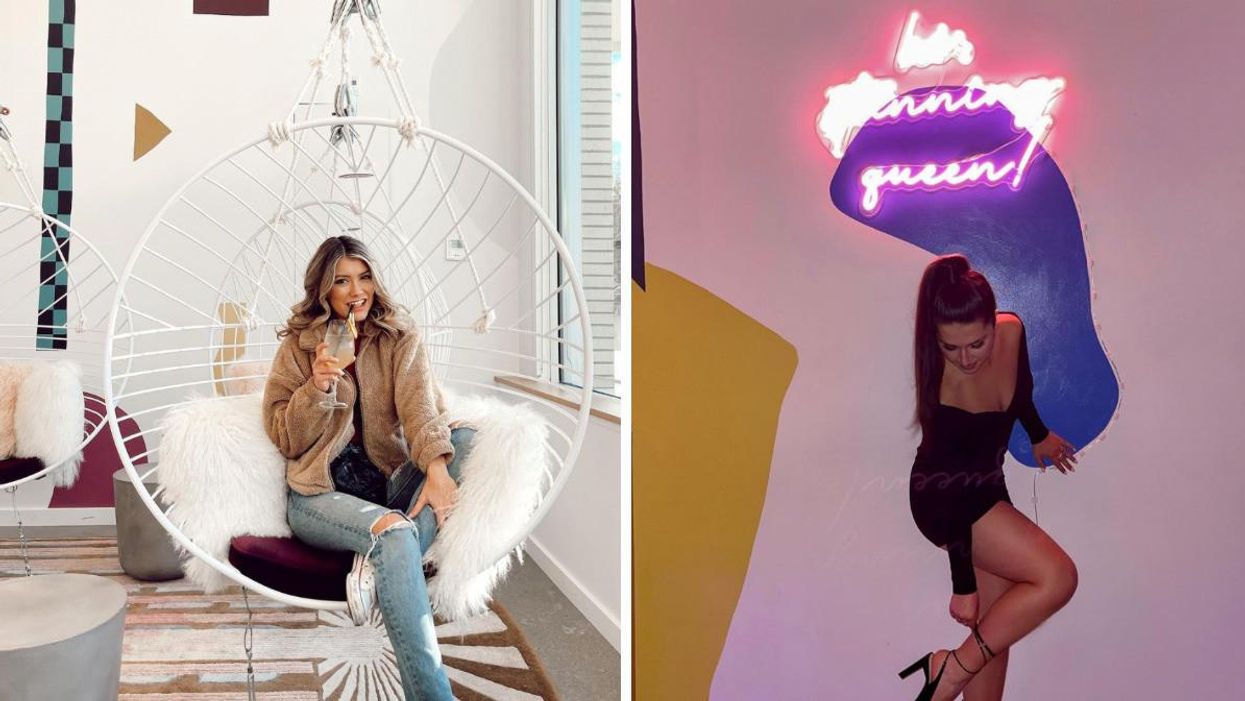 A girl sitting in the swinging chair at the cafe. Right: a girl in front of a neon sign at the cafe.
