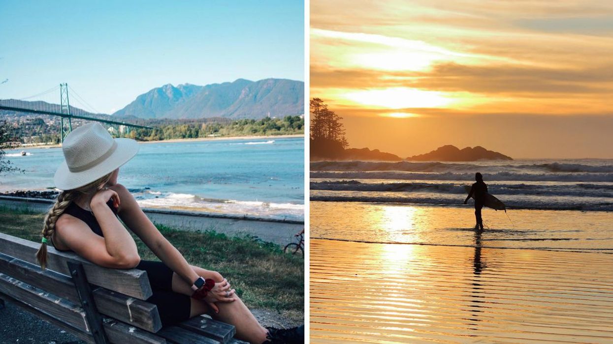 A girl sitting on a bench looking at the water. Right: A silhouette of a person and a surfboard.