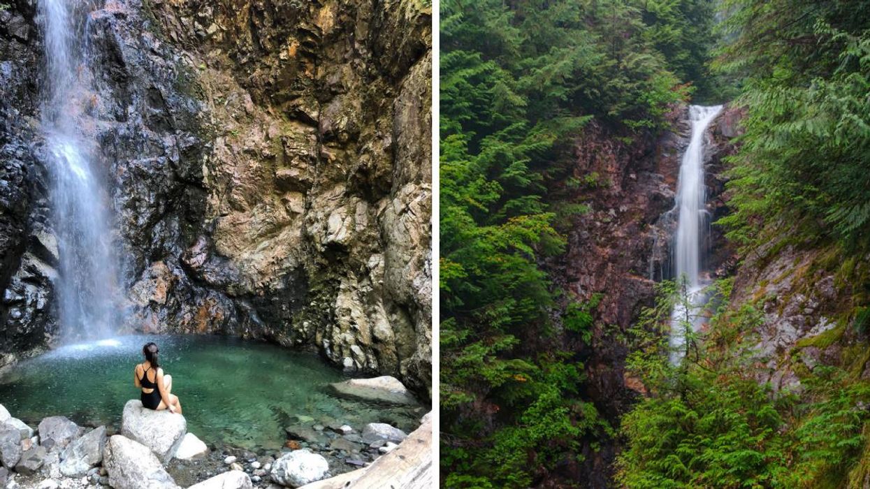 A girl sitting on a rock in a swimming spot. Right: Norvan Falls, B.C.