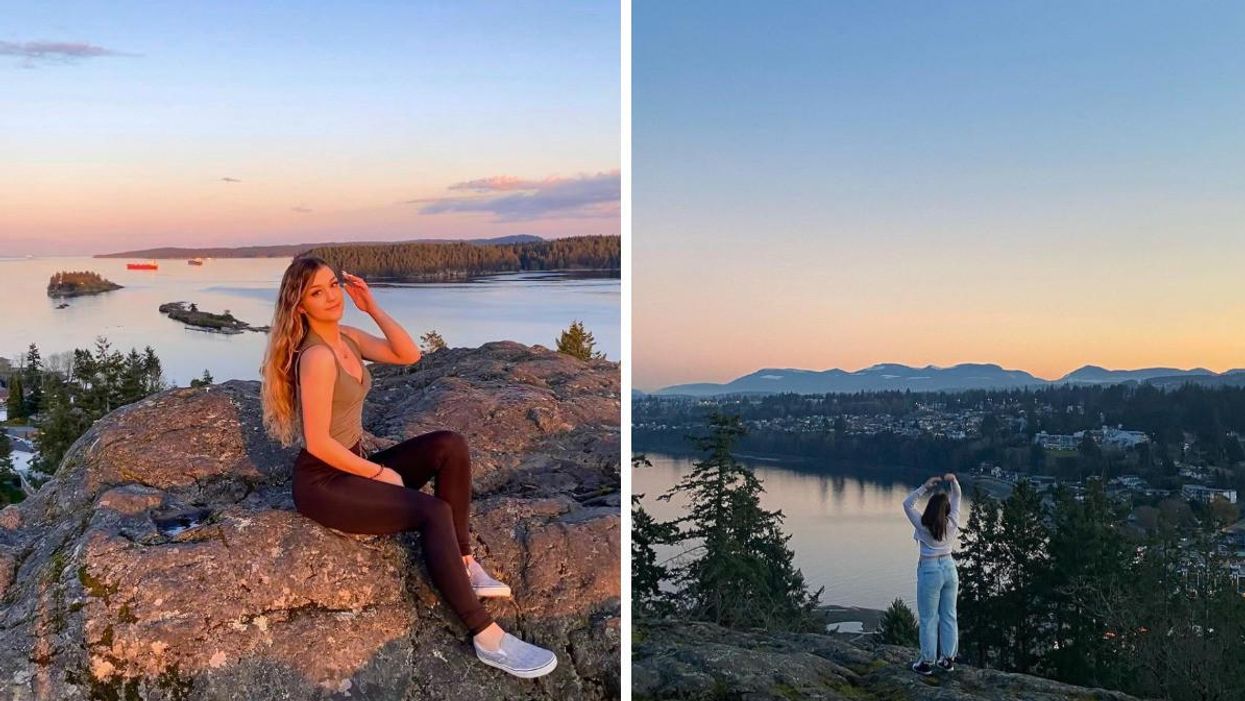 A girl sitting on top of Sugarloaf Mountain. Right: Someone looking out over the water.