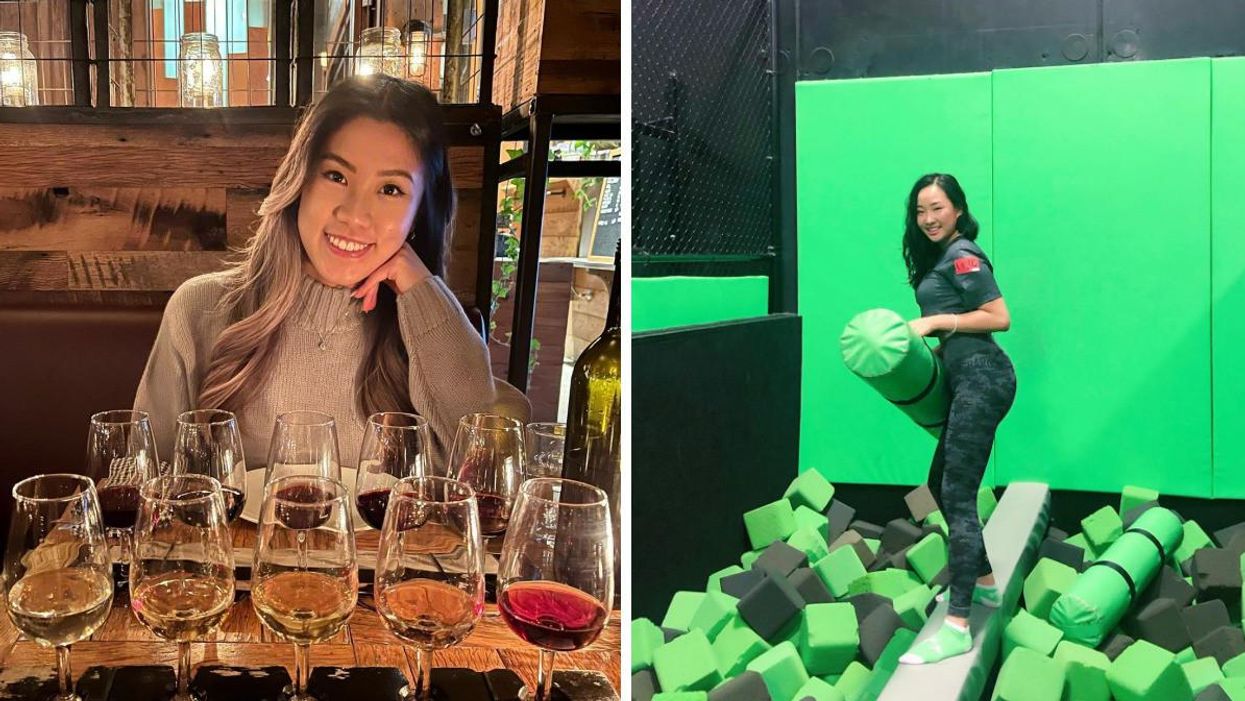 A girl sitting with wine flight. Right: A girl at Extreme Air Park.