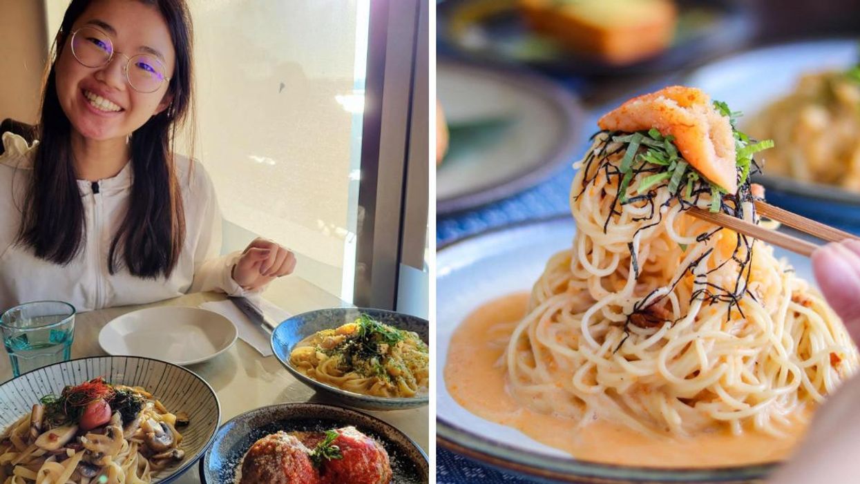 A girl smiling in front of pasta dishes. Right: Pasta noodles picked up by chopsticks.