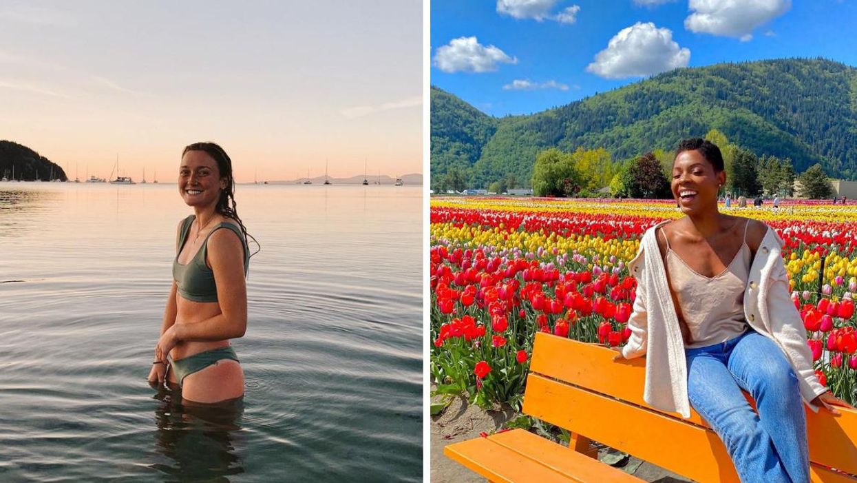 A girl smiling in the water during the sunset. Right: A girl smiling against a backdrop of tulips.
