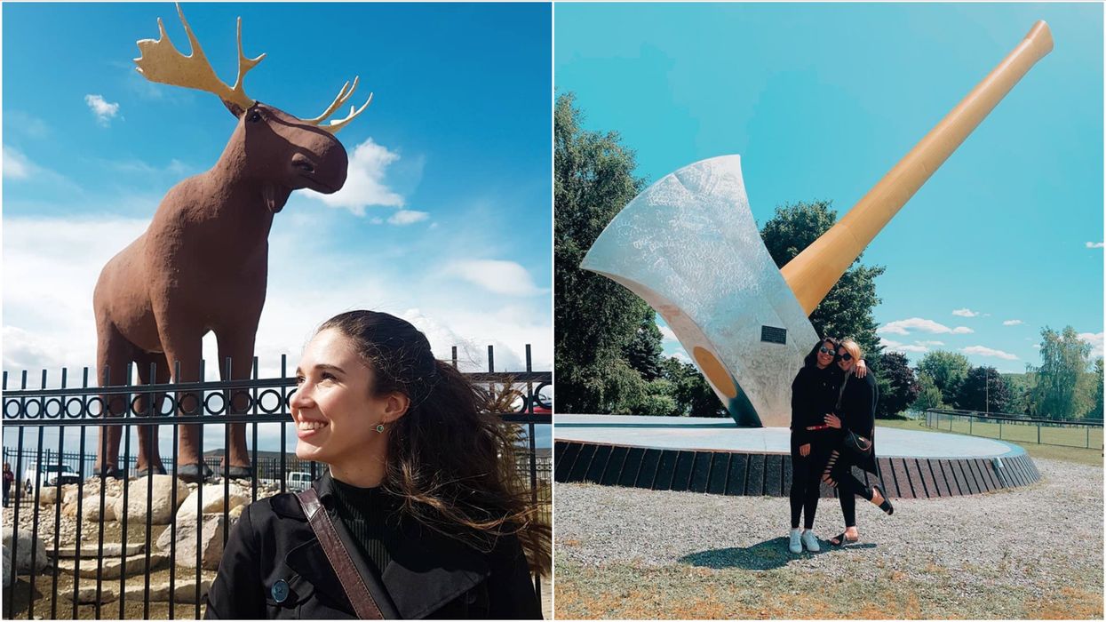 A girl standing beside a giant moose. Right: Two girls stood beside a giant axe.