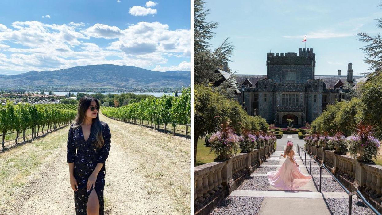 A girl standing in a vineyard. Right: A girl running towards a castle.