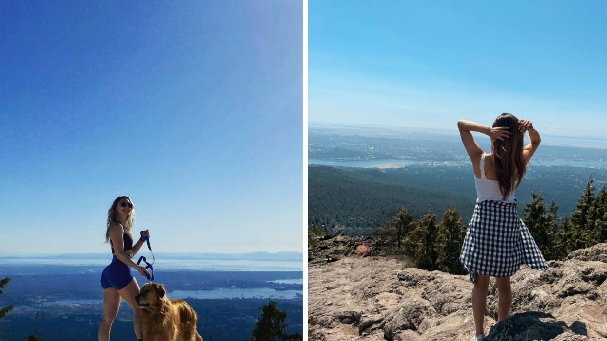 A girl standing on Dog Mountain with a dog. Right: A girl standing on Dog Mountain.