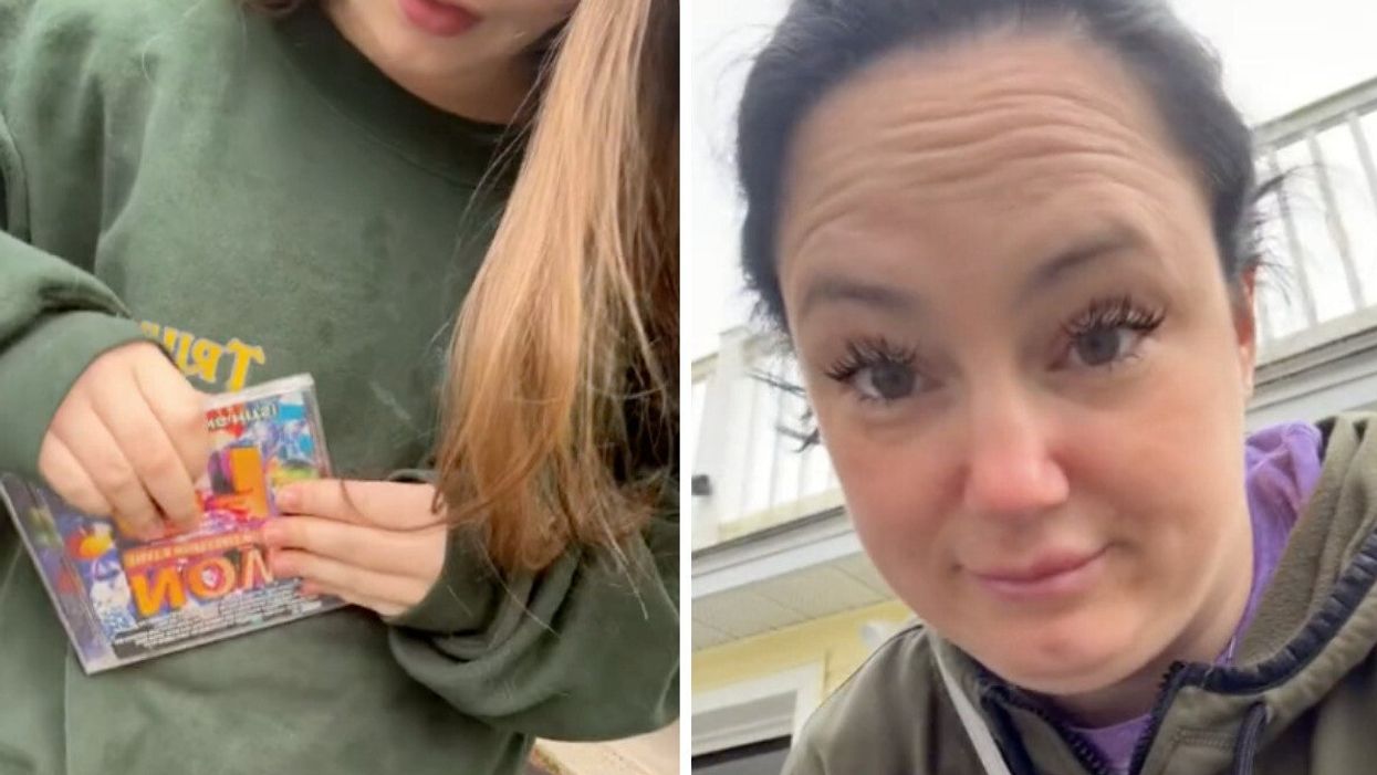 A girl struggles to open a CD case. Right: The girl's mom reacts on TikTok.