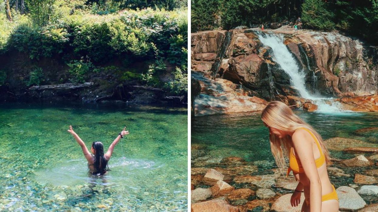 A girl swimming in the water. Right: A girl standing in front of a waterfall.