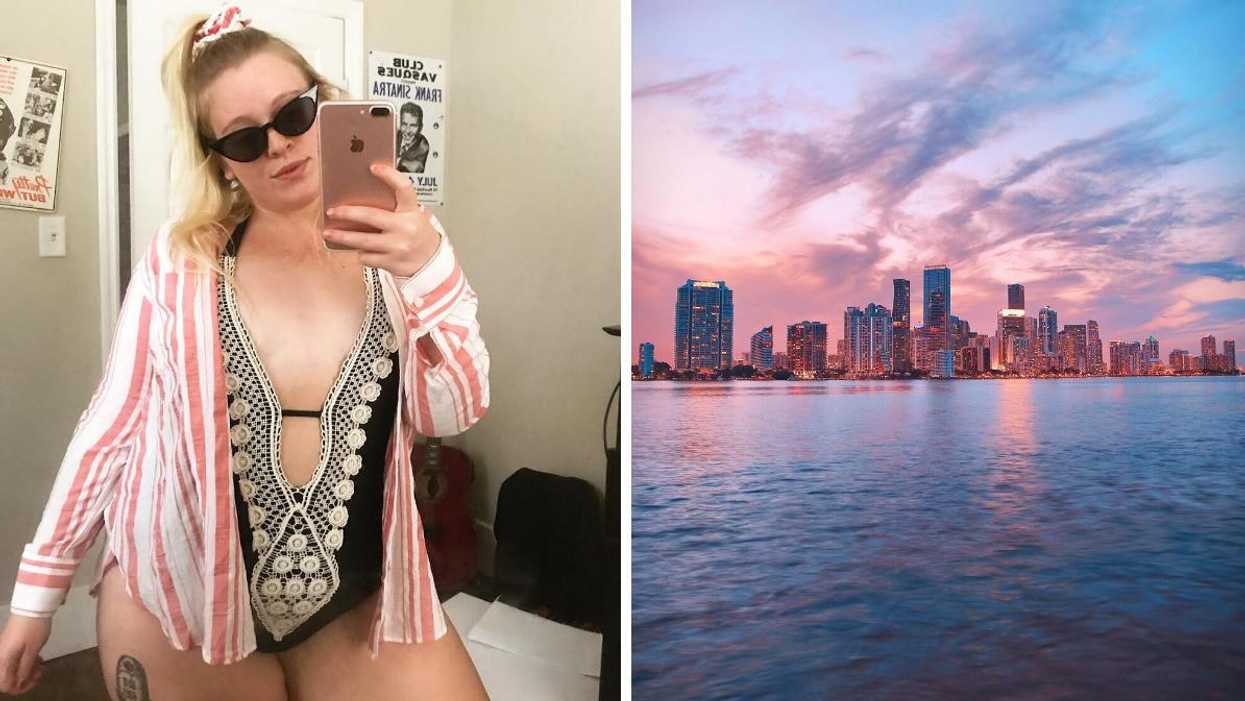 A girl taking a selfie in a bathing suit. Right: The Miami skyline at sunset.