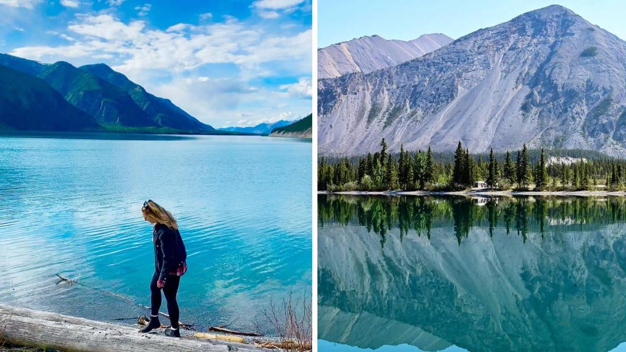 A girl walking beside the lake. Right: Muncho Lake.