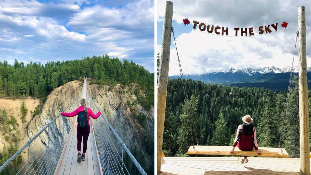 A girl walking on the Skybridge. Right: A girl sitting on a giant swing.