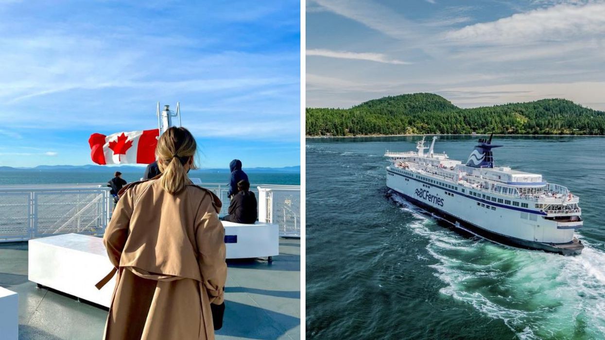 A girl with a Canada flag on the BC Ferries, Right: BC Ferries in the ocean.