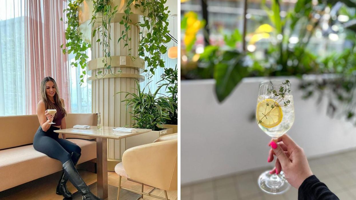 A girl with a drink at Botanist. Right: A hand holding up a drink at Botanist.