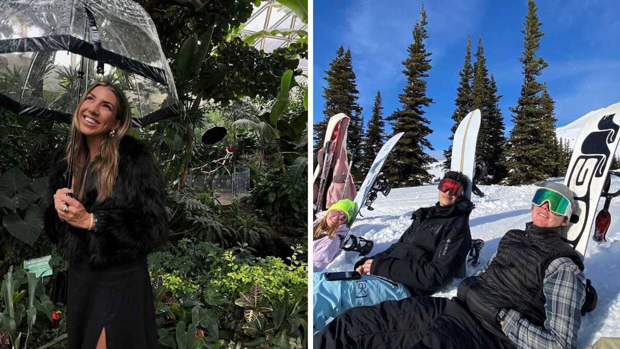 A girl with an umbrella smiles, surrounded by greenery. Right: Two friends smile, surrounded by snow and snowboards.