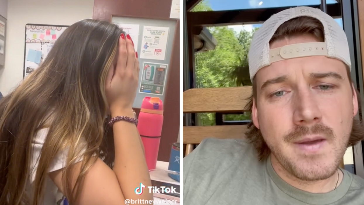 A girl with her head in her hands. Right: Morgan Wallen making his statement.