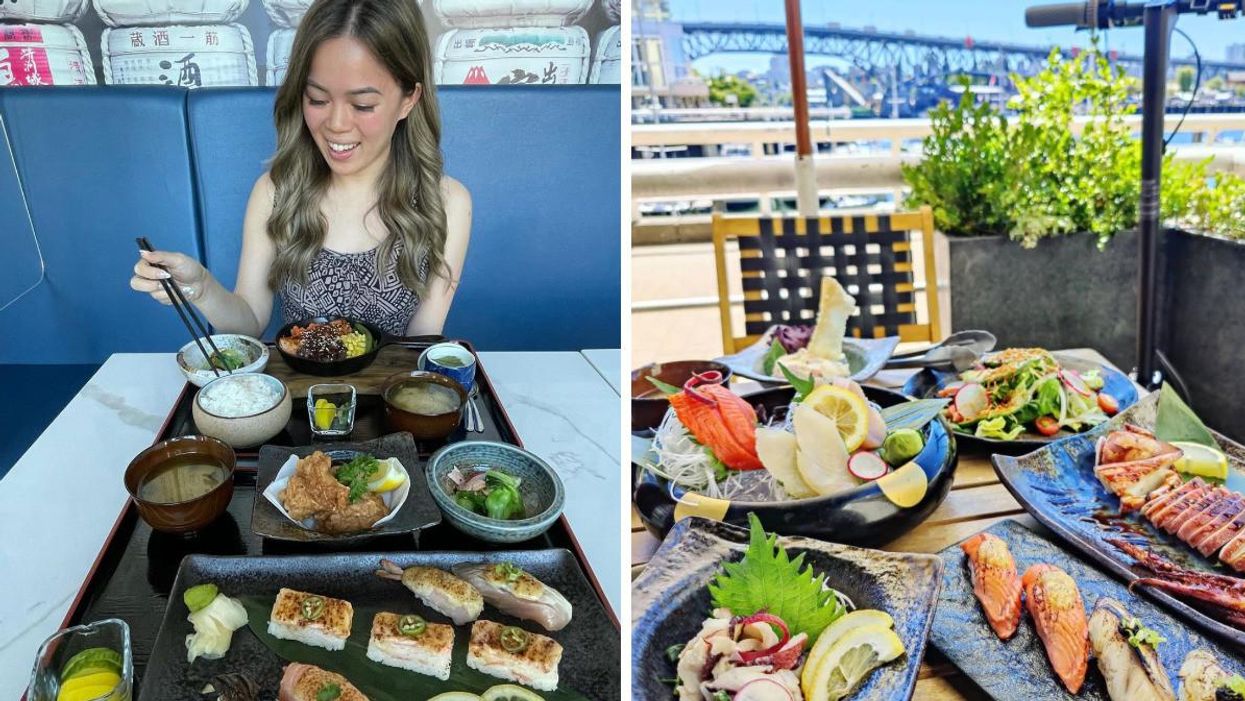 A girl with sushi in front of her. Right: Sushi on a patio by the ocean.