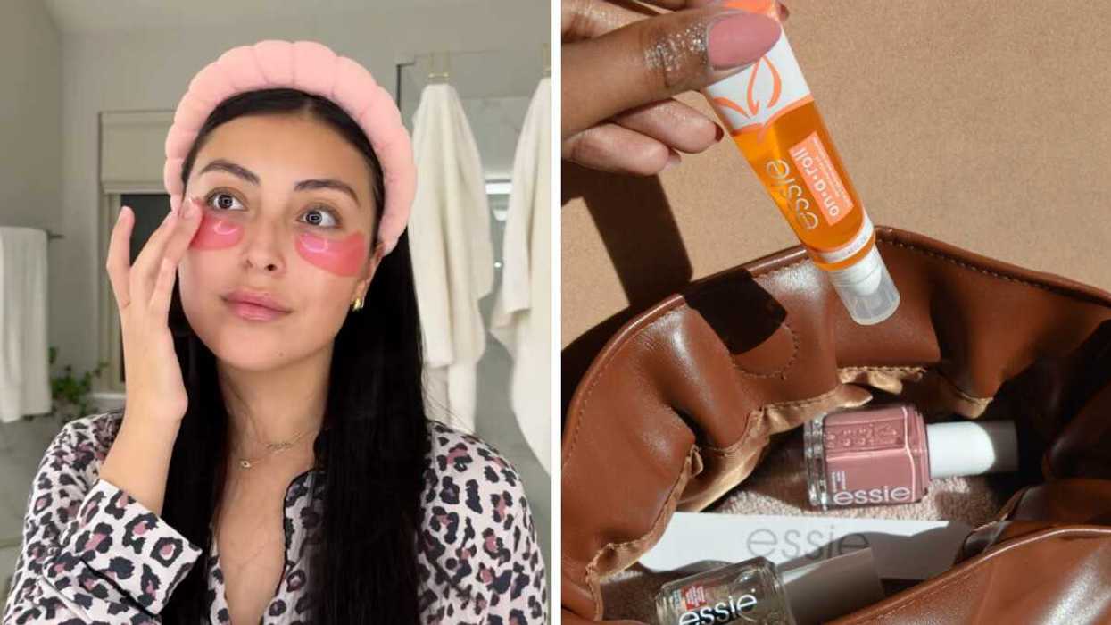 A girlare wearing Grace & Stella's eye patches. Someone putting a essi cuticle oil in a purse.