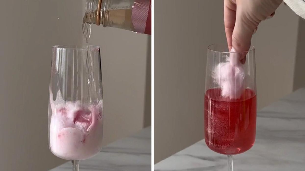 A glass being filled with an alcoholic beverage. Right: A person adding cotton candy to a drink.
