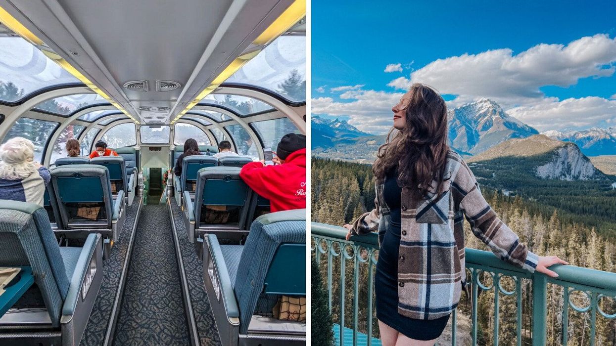 A glass-domed train. Right: A person on a balcony by mountains.