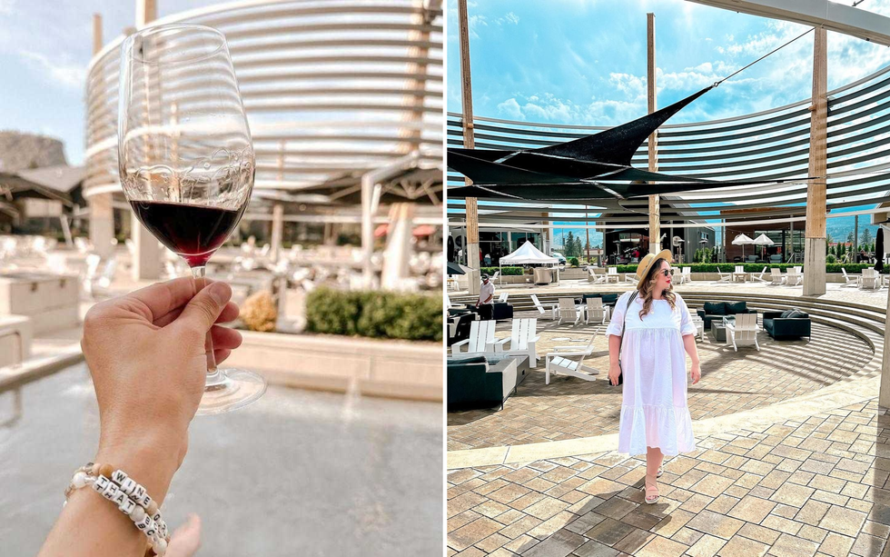 A glass of red wine at District Wine Village. Right: A guest soaks up the sun at District Wine Village.