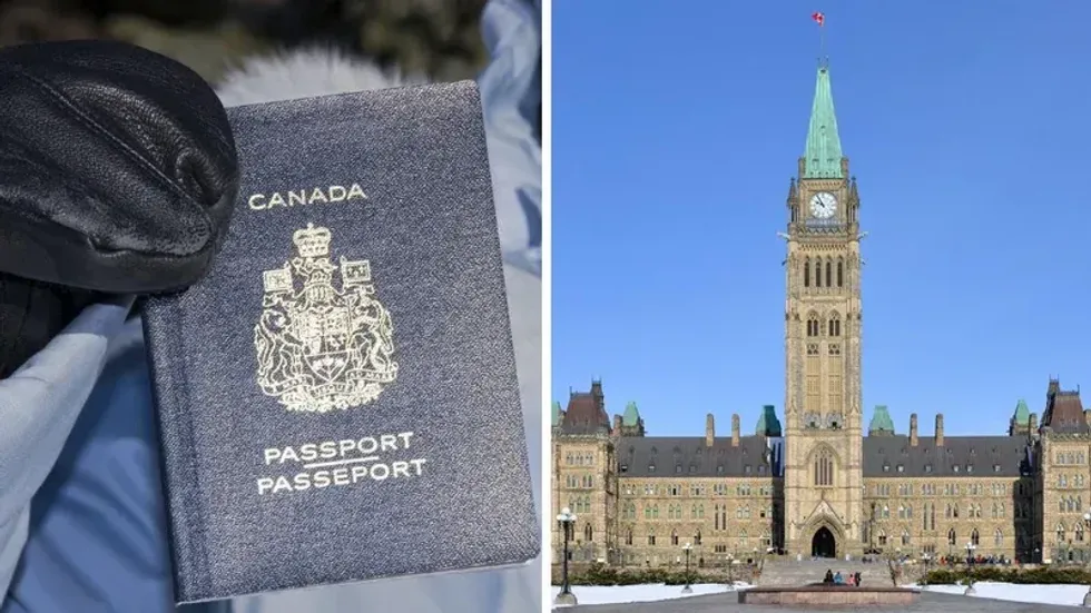 A gloved hand holds a Canadian passport. Right: The Parliament of Canada.