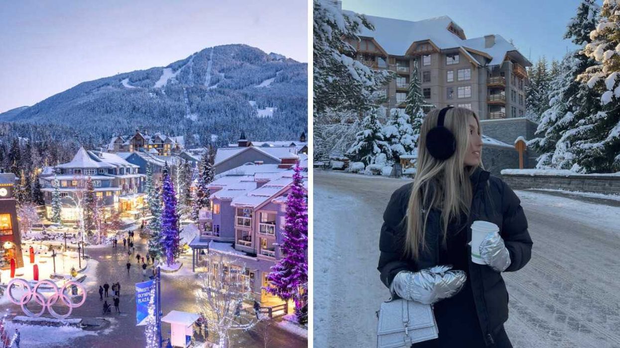 A glowing small town in B.C. Right: A woman smiles wearing muffs and gloves, surrounded by snow.