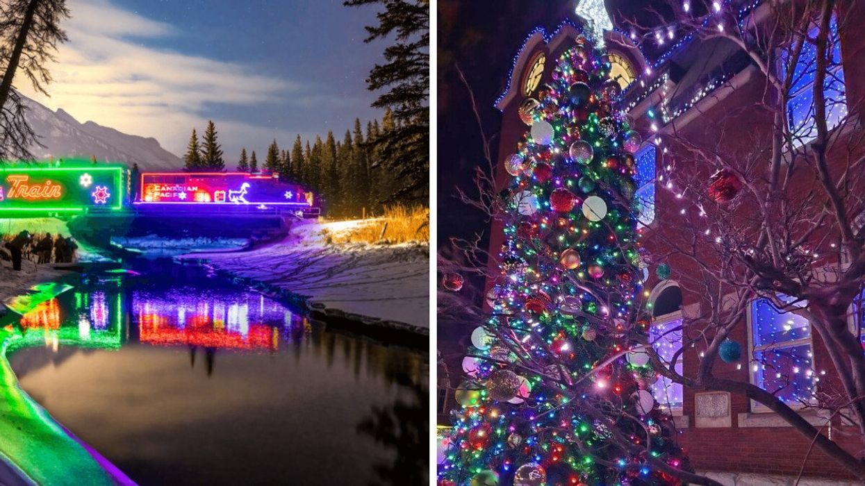 A glowing train riding through a winter landscape. Right: A Christmas tree by a historic building.