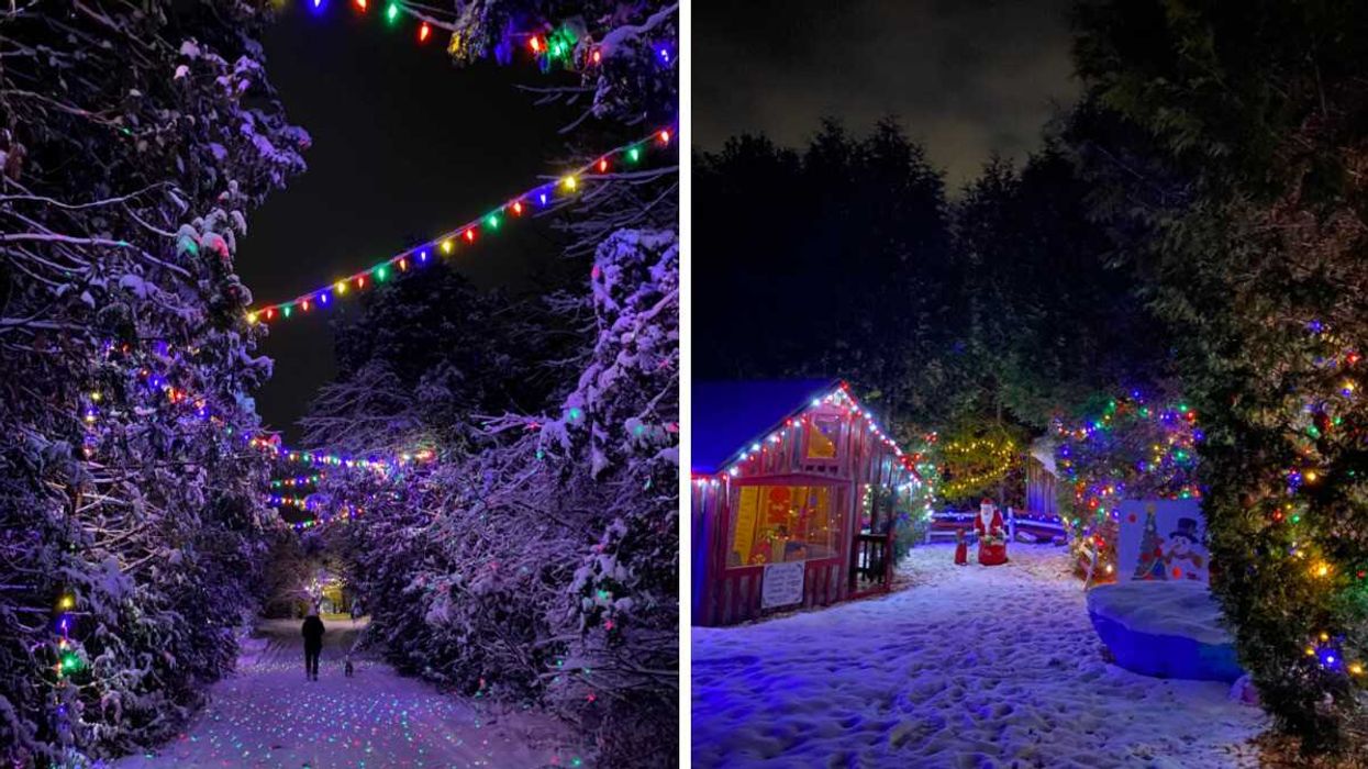 A glowing winter forest trail near Ottawa. Right: A Christmas village near Ottawa.