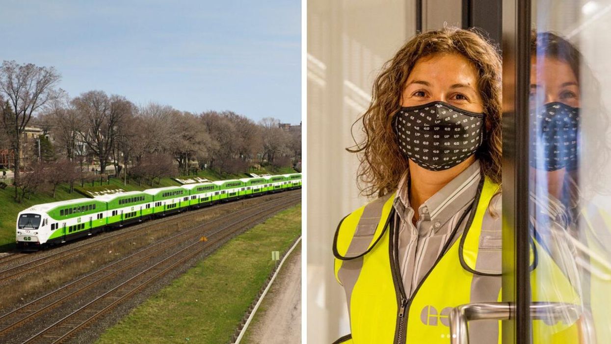 A GO Train. Right: A Metrolinx employee.
