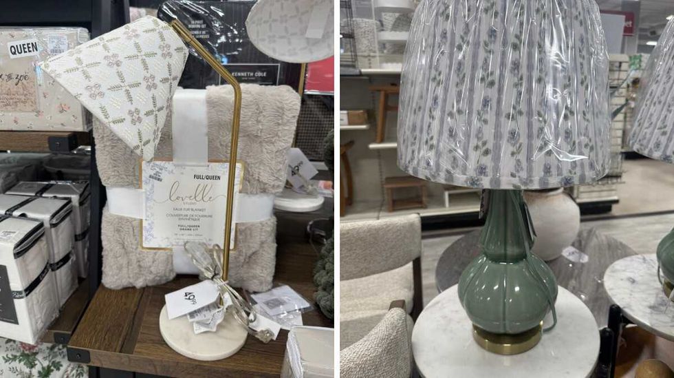 A gold and white lamp sitting on a store table. Right: A green lamp with a white lampshade with flowers on it.