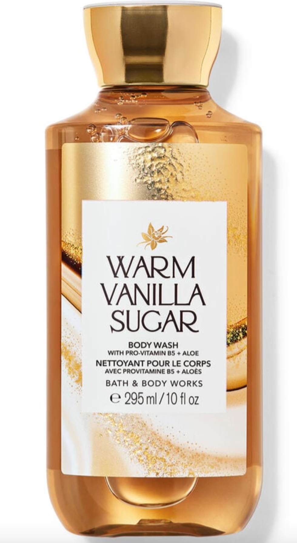 A golden bottle of Bath & Body Works body wash in warm vanilla sugar.