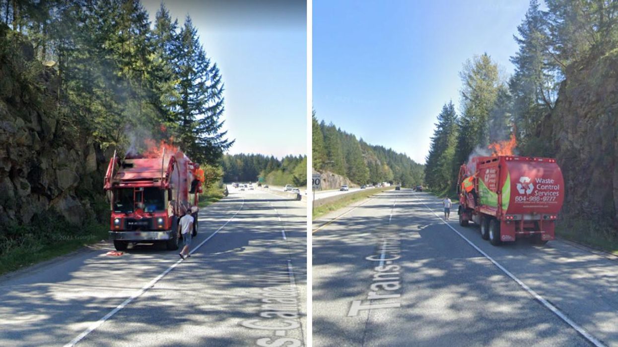 A Google Car Captured A Strange Sight On A BC Highway & It Involves A Flaming Garbage Truck