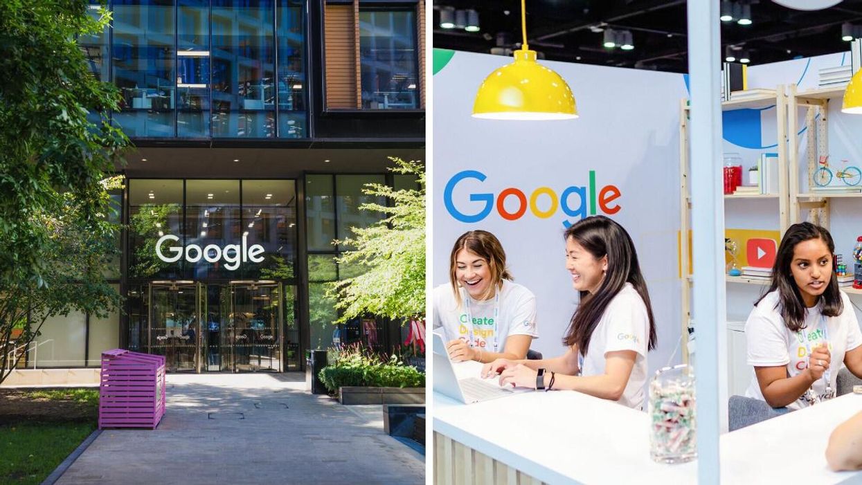 A Google office in London. Right: People at Google.
