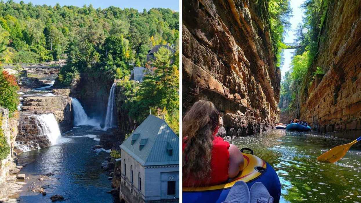 A gorge with waterfalls. Right: People floating in tubes along a river.