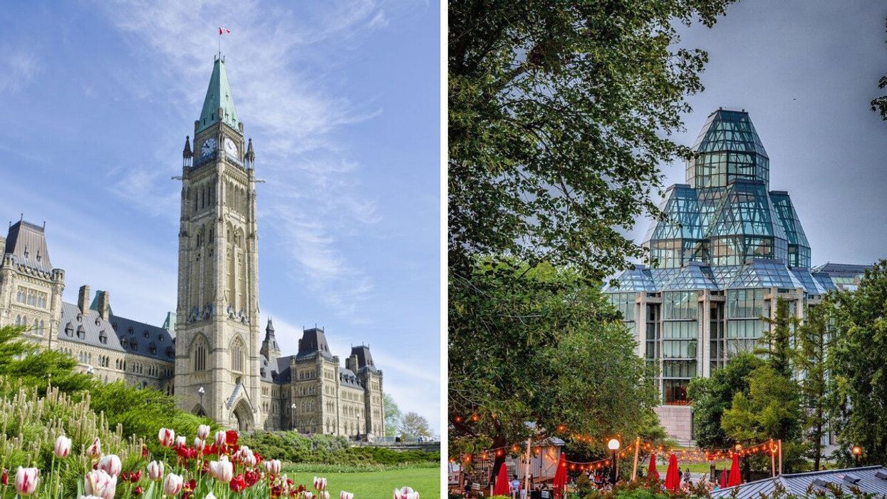 A gothic clock tower with tulips in the foreground. Right: A unique glassy building framed by trees.
