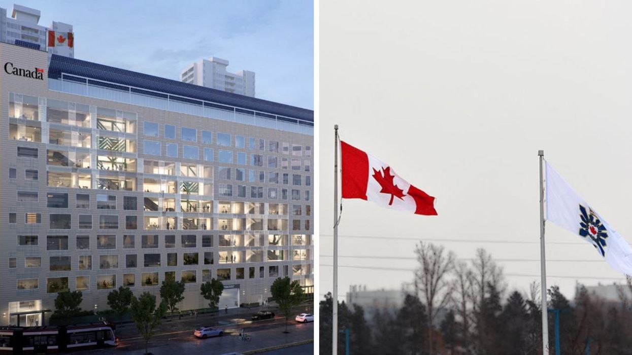 A Government of Canada building. Right: A Canadian flag and a CSIS flag.