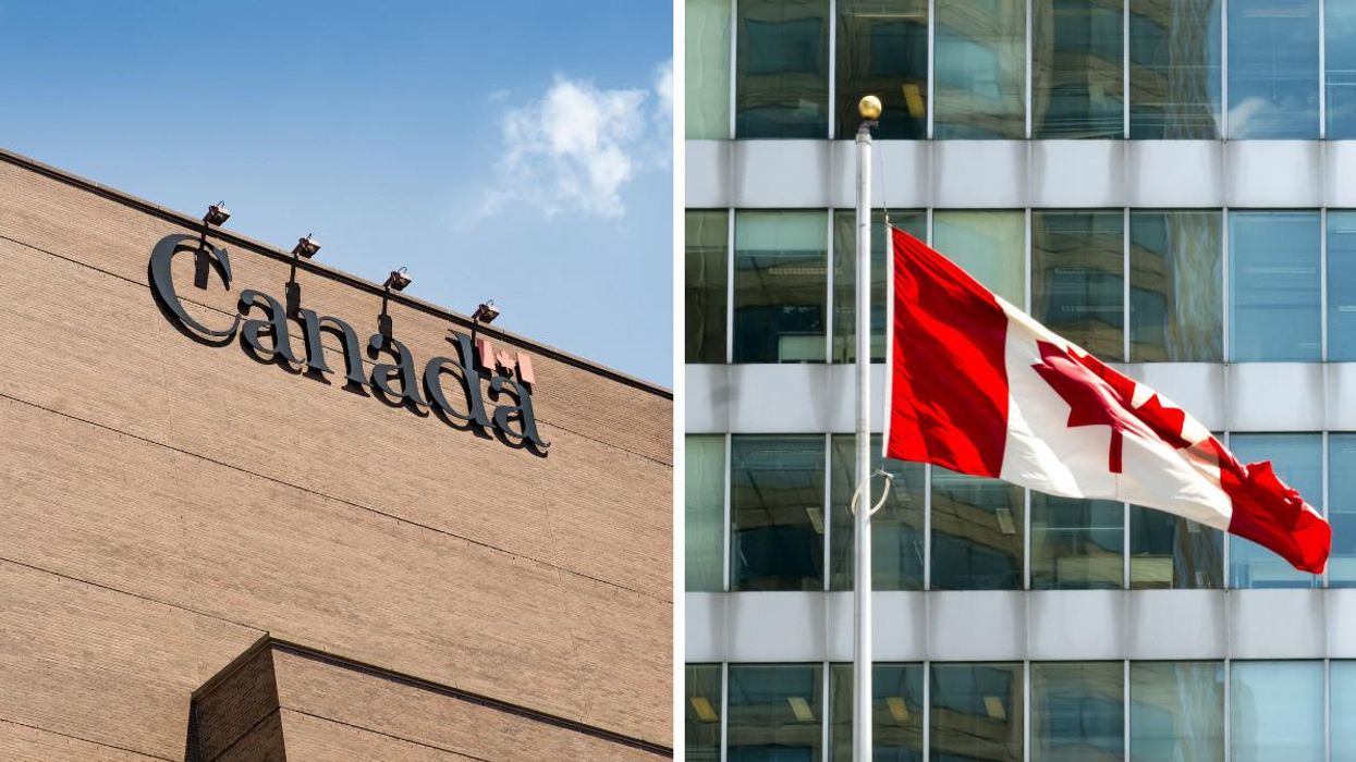 A Government of Canada building. Right: A Canadian flag blowing in the wind.