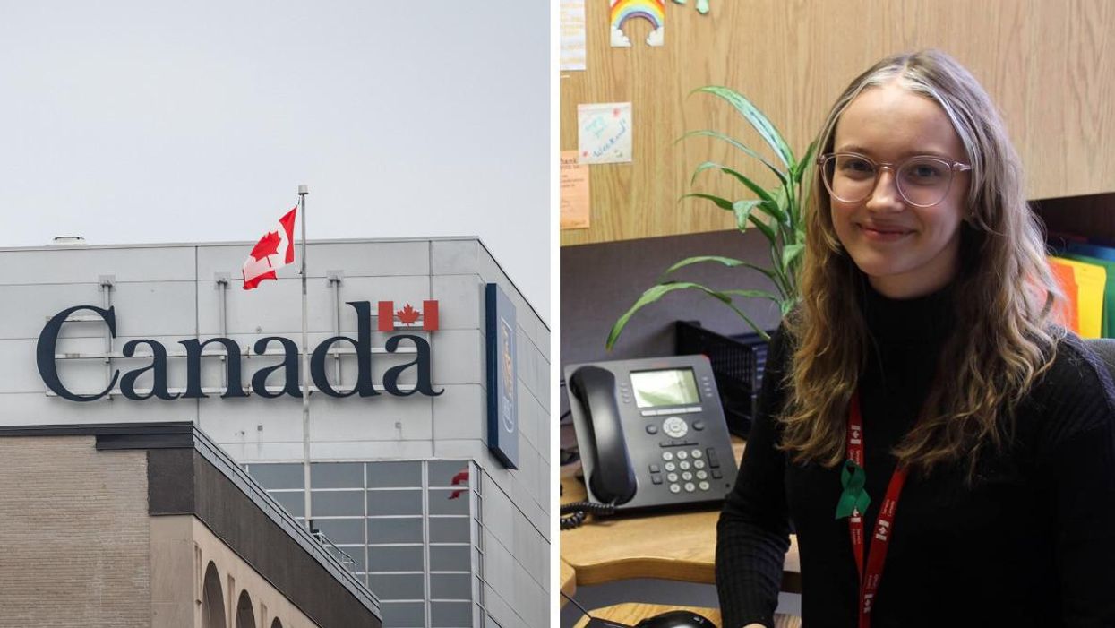 A Government of Canada building. Right: A student with a Government of Canada lanyard.